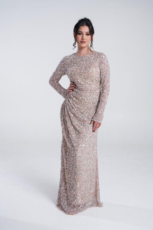 'ZARI BEIGE' EMBELLISHED DRAPE MAXI DRESS