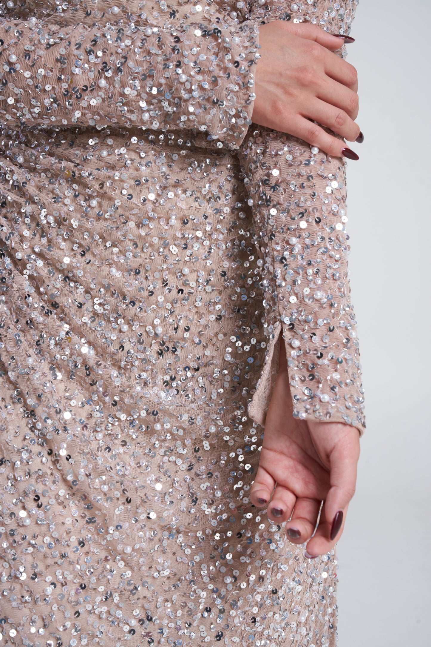 'ZARI BEIGE' EMBELLISHED DRAPE MAXI DRESS