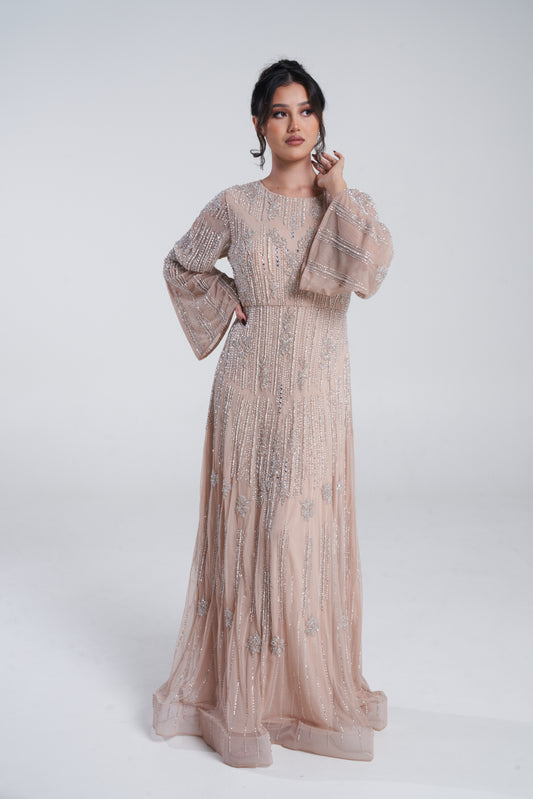 'PARI' ALMOND EMBELLISHED MAXI DRESS WITH FLARED SLEEVES