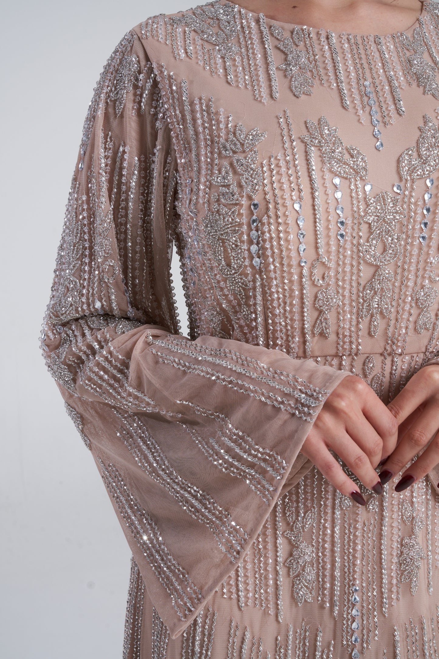 'PARI' ALMOND EMBELLISHED MAXI DRESS WITH FLARED SLEEVES