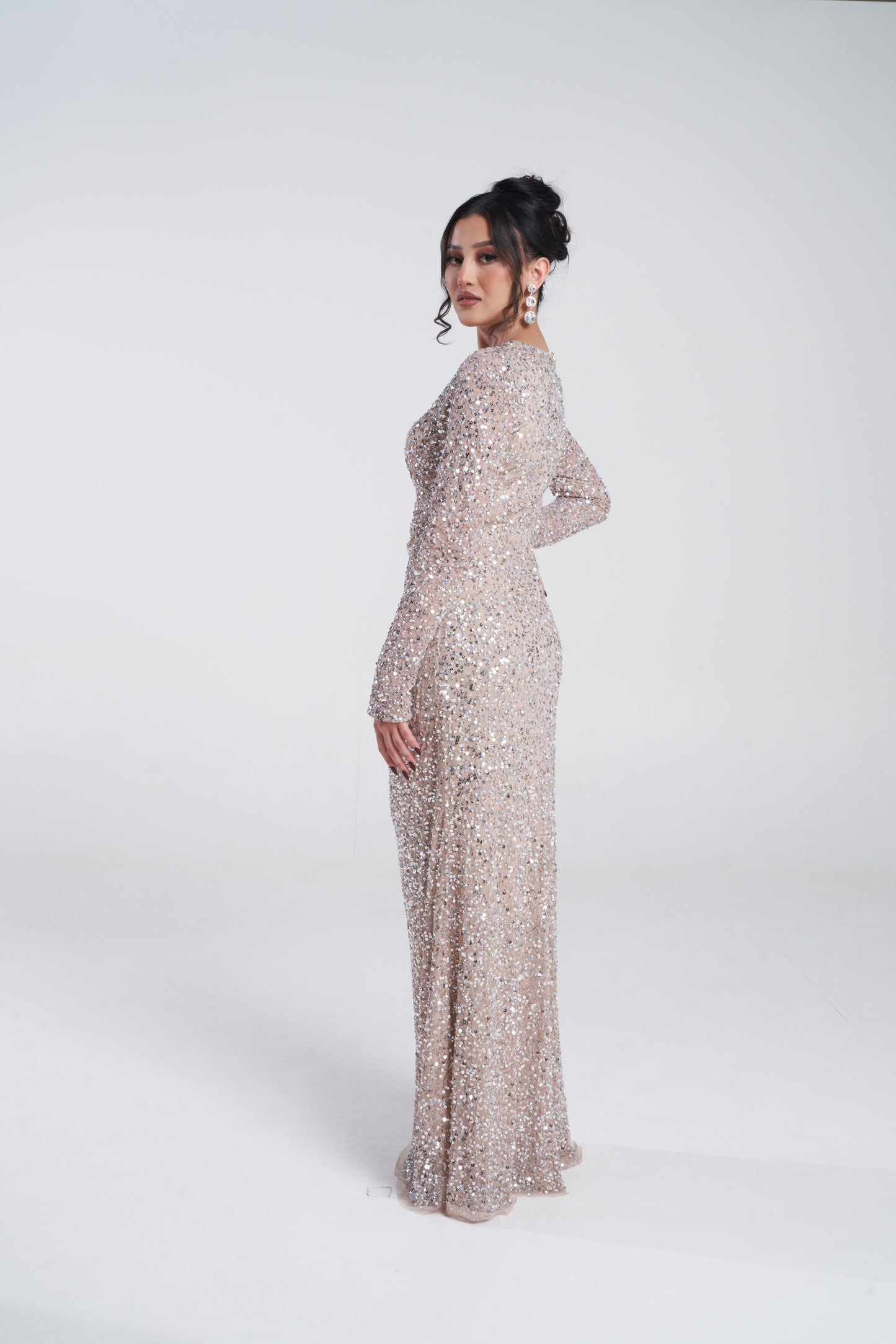 'ZARI BEIGE' EMBELLISHED DRAPE MAXI DRESS