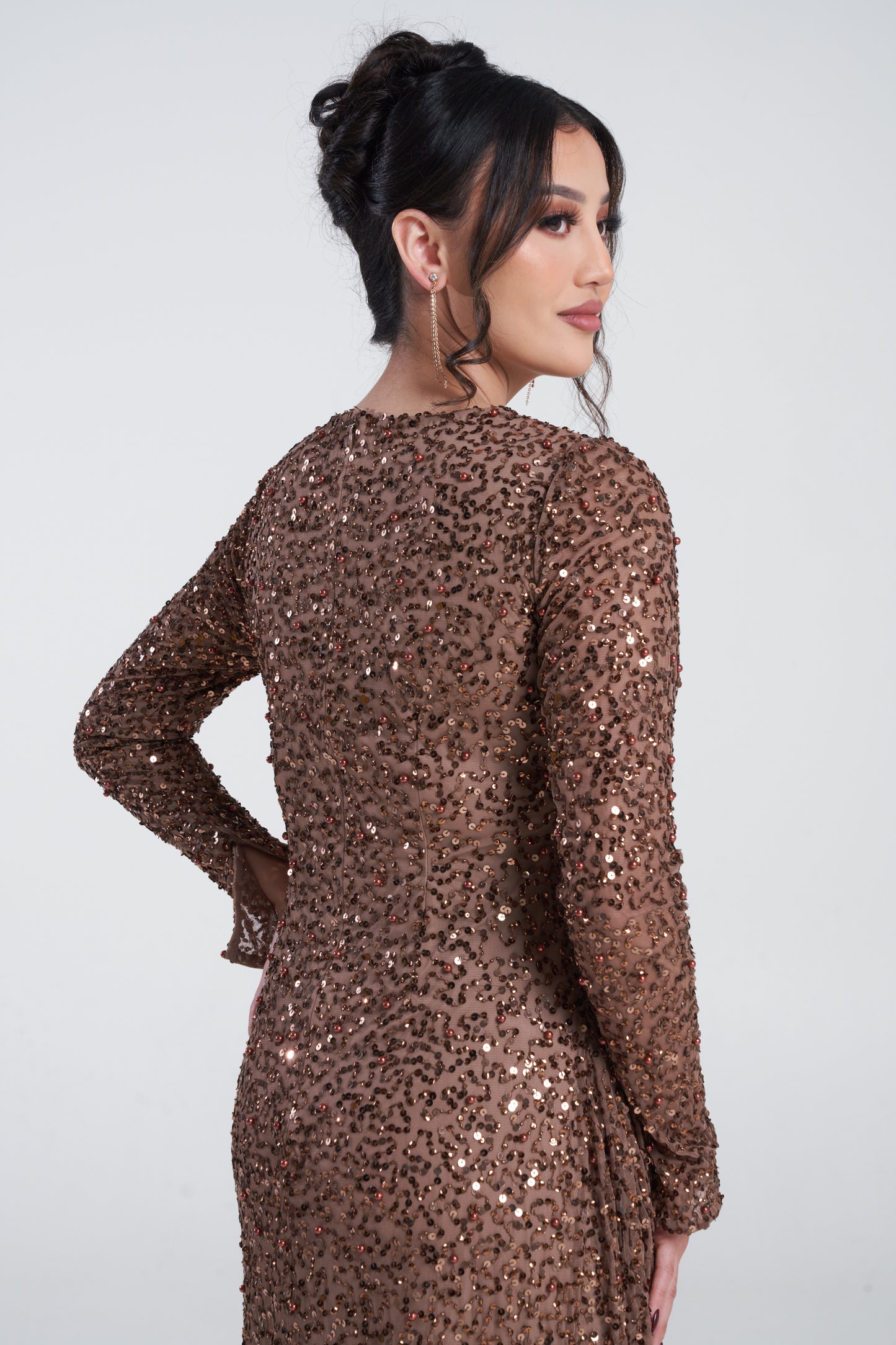 'ZARI BROWN' EMBELLISHED DRAPE MAXI DRESS