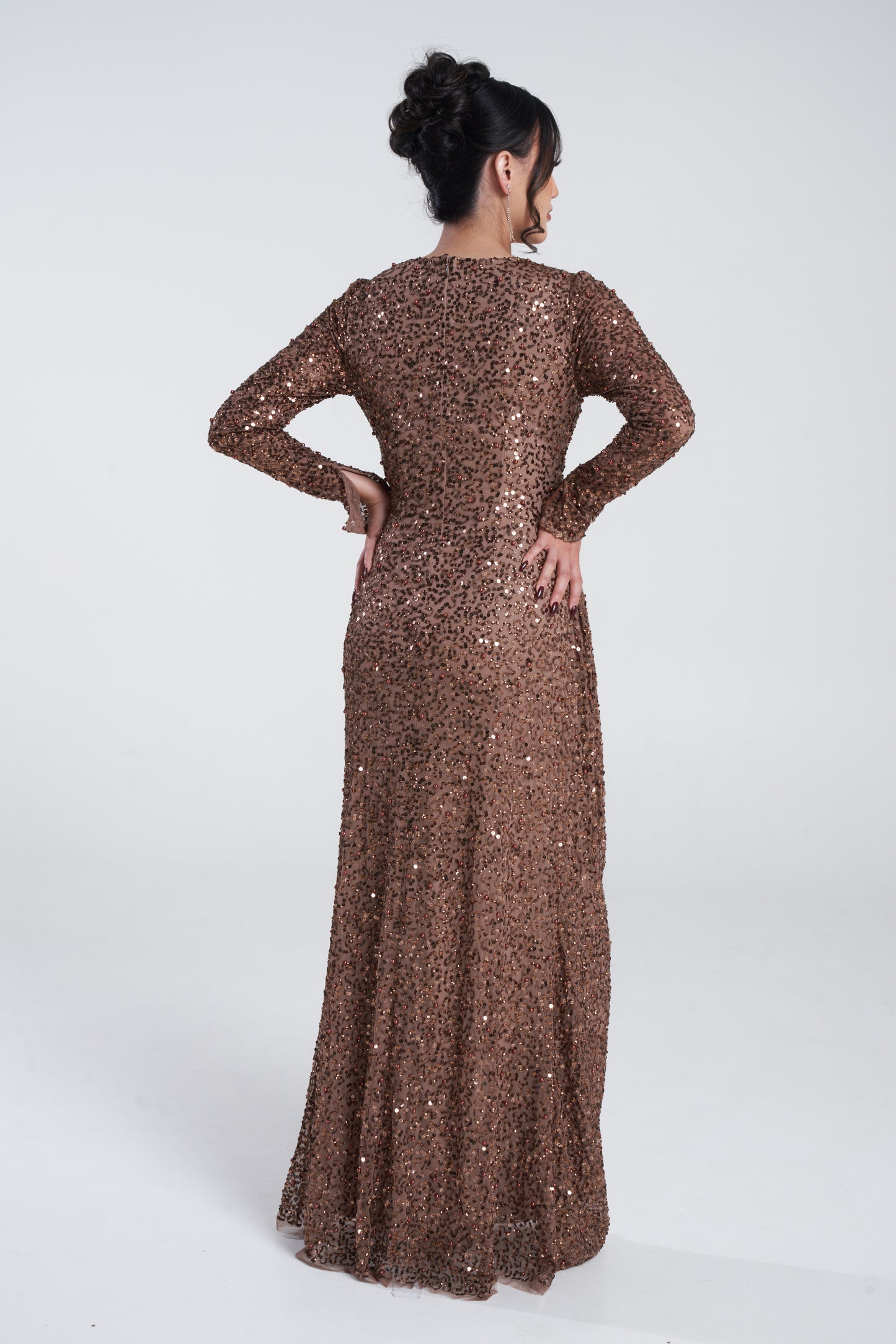 'ZARI BROWN' EMBELLISHED DRAPE MAXI DRESS