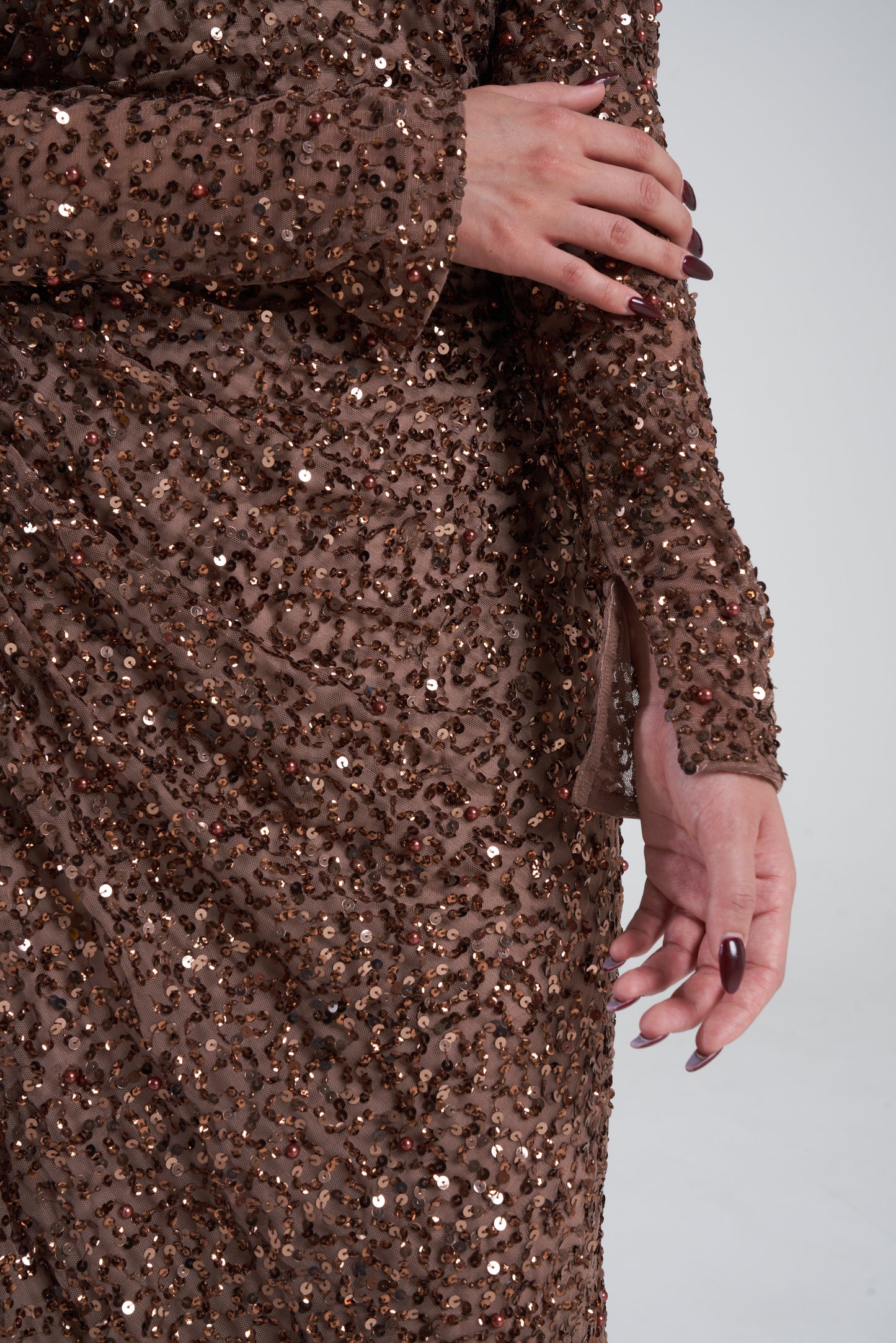 'ZARI BROWN' EMBELLISHED DRAPE MAXI DRESS