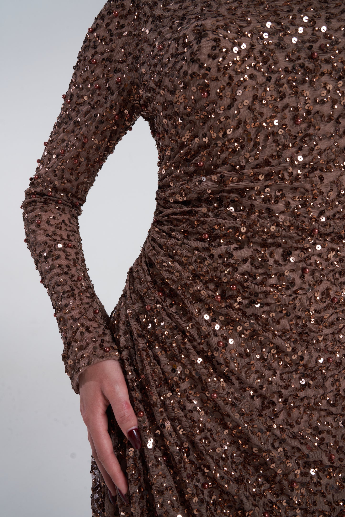 'ZARI BROWN' EMBELLISHED DRAPE MAXI DRESS