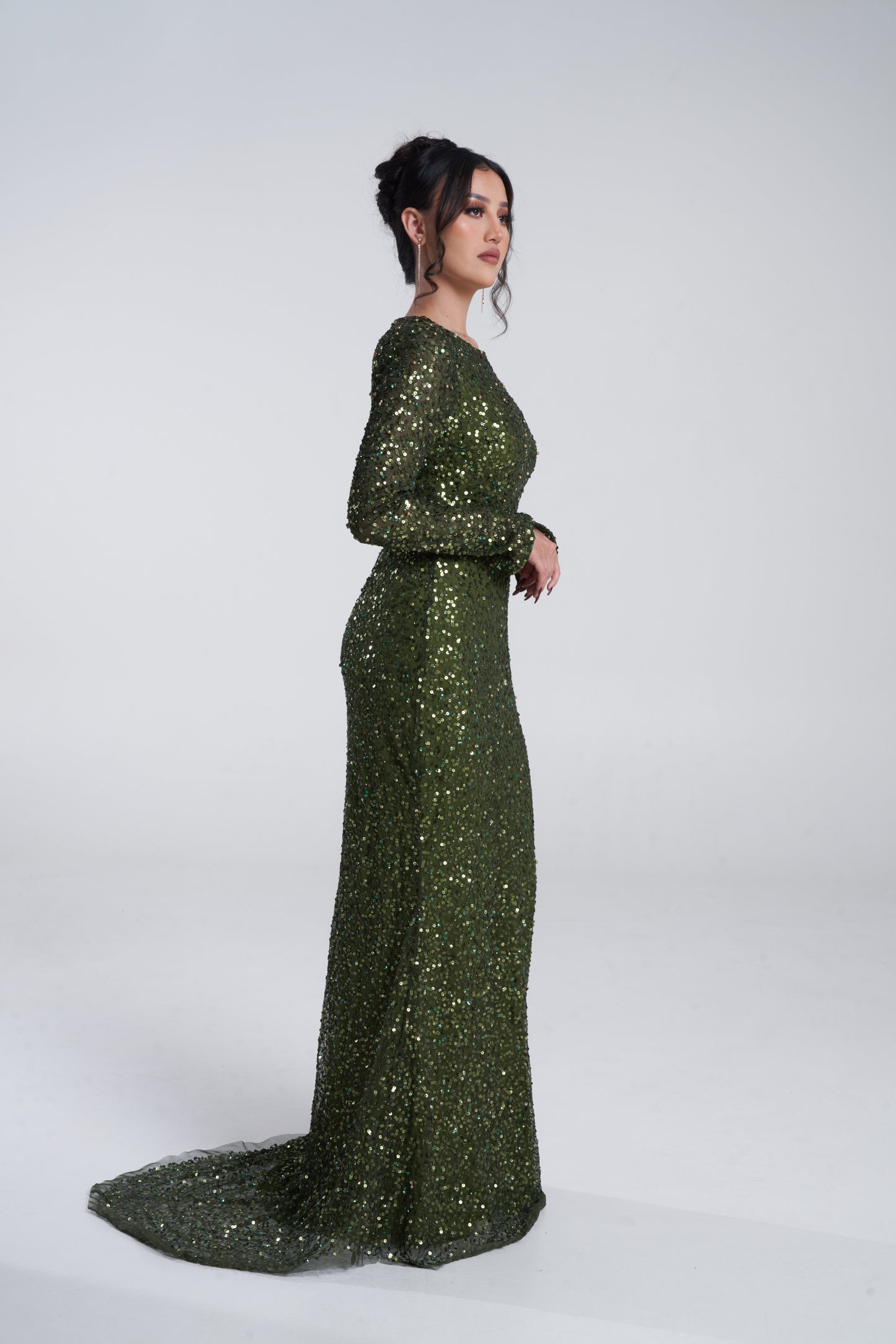 MADE TO ORDER ONLY: 'MEHER' DEEP GREEN EMBELLISHED SEQUIN DRESS WITH TRAIL (3 weeks wait)