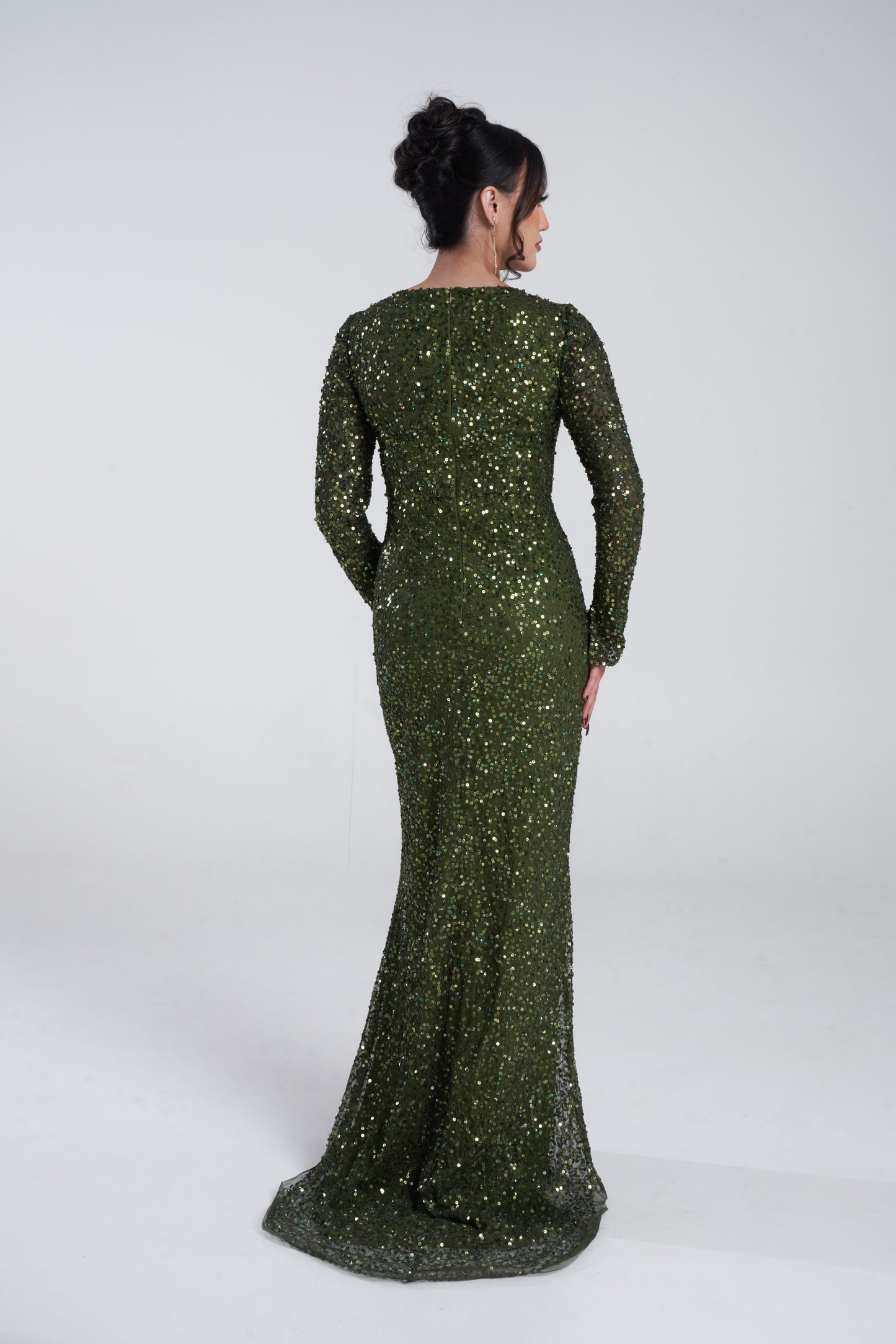 MADE TO ORDER ONLY: 'MEHER' DEEP GREEN EMBELLISHED SEQUIN DRESS WITH TRAIL (3 weeks wait)