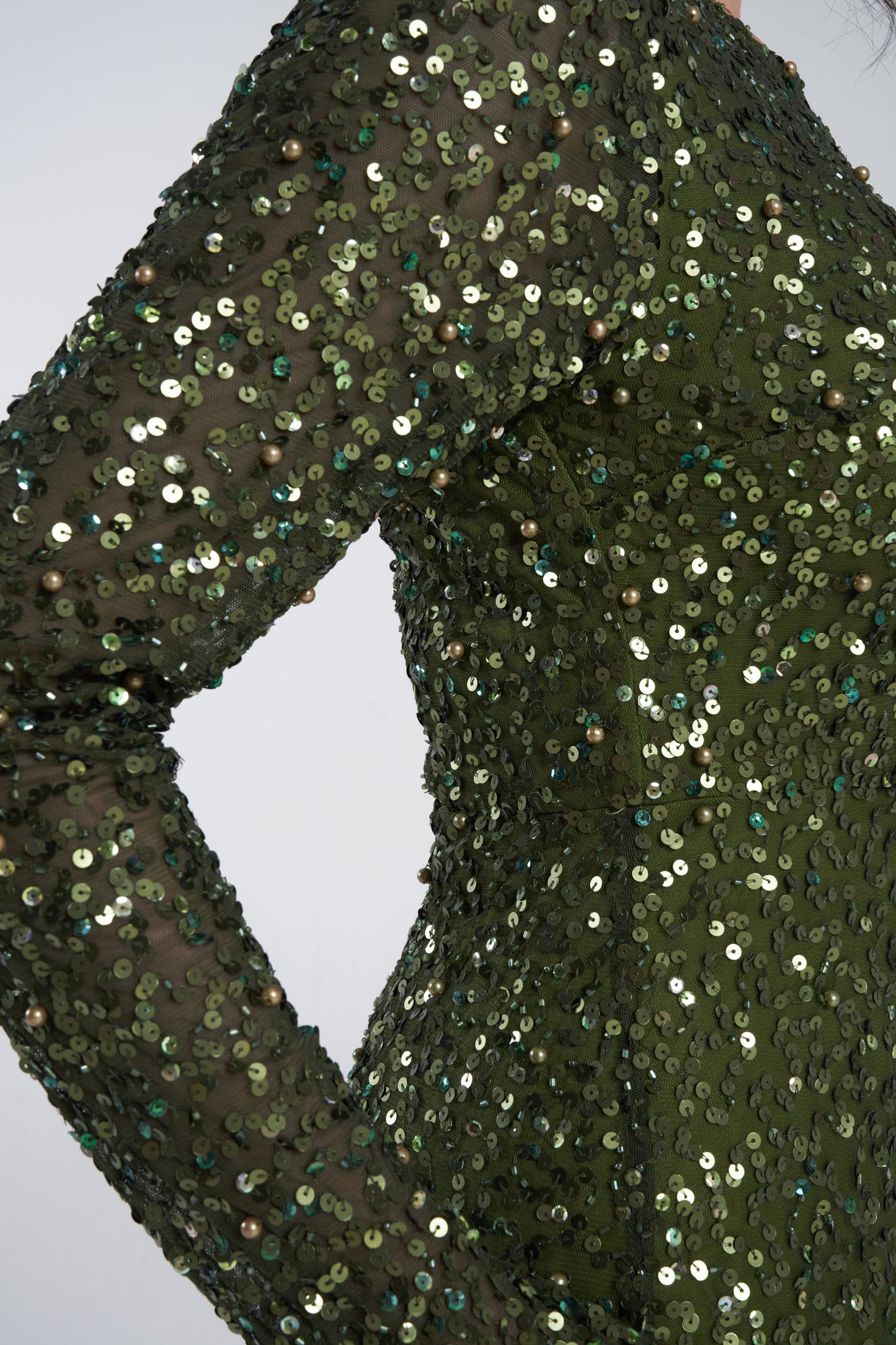 MADE TO ORDER ONLY: 'MEHER' DEEP GREEN EMBELLISHED SEQUIN DRESS WITH TRAIL (3 weeks wait)