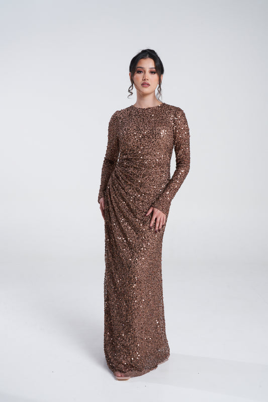 'ZARI BROWN' EMBELLISHED DRAPE MAXI DRESS