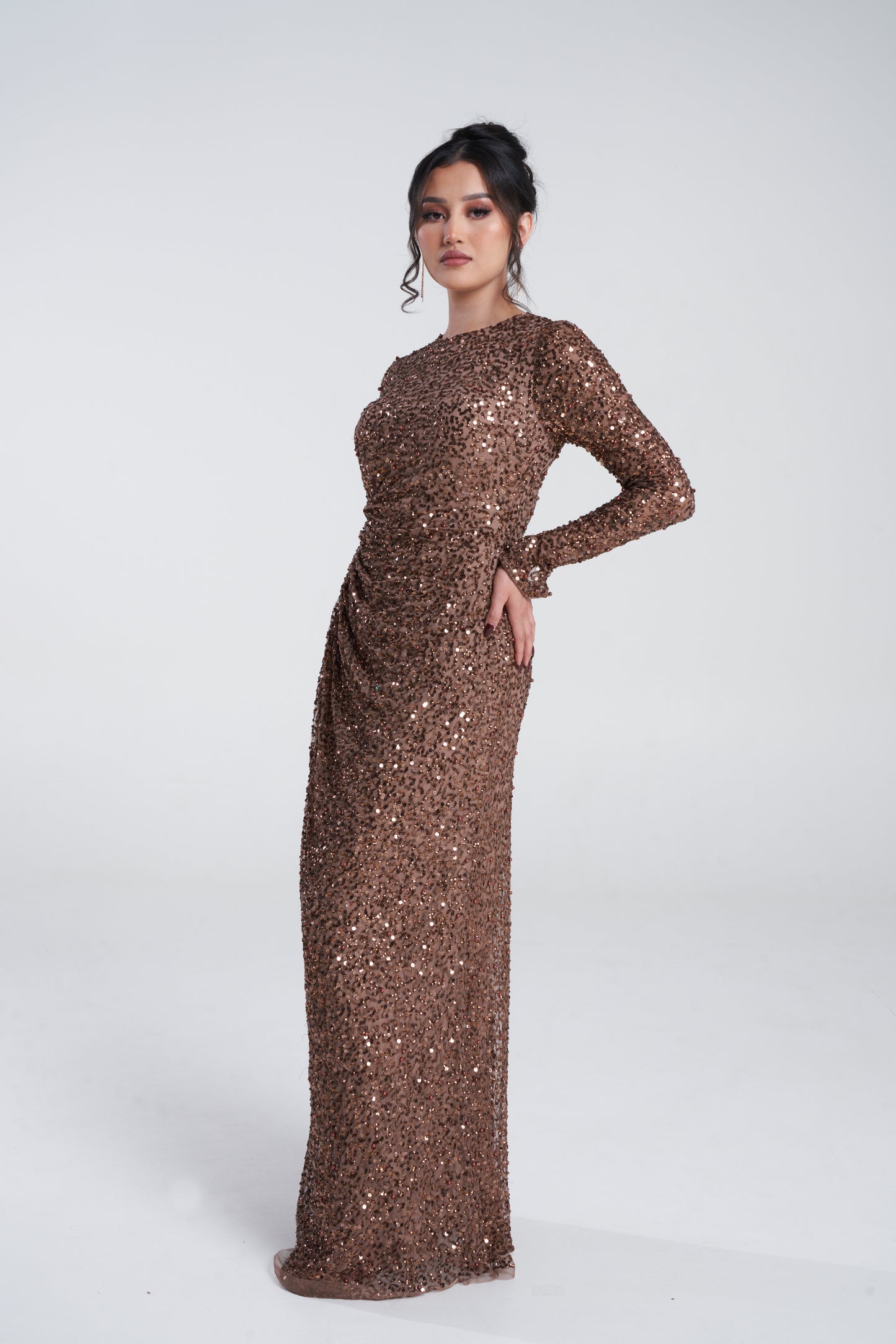 'ZARI BROWN' EMBELLISHED DRAPE MAXI DRESS