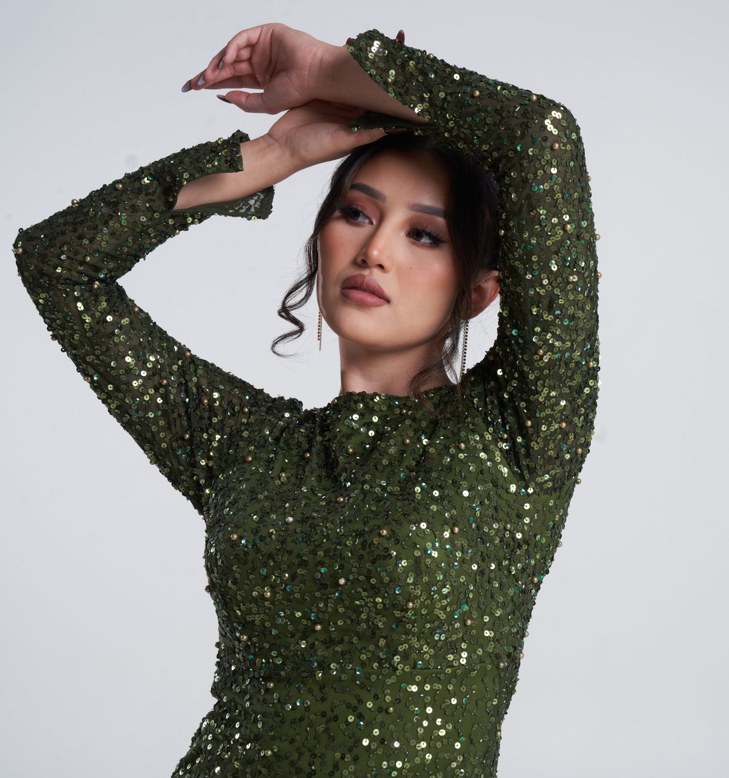 MADE TO ORDER ONLY: 'MEHER' DEEP GREEN EMBELLISHED SEQUIN DRESS WITH TRAIL (3 weeks wait)