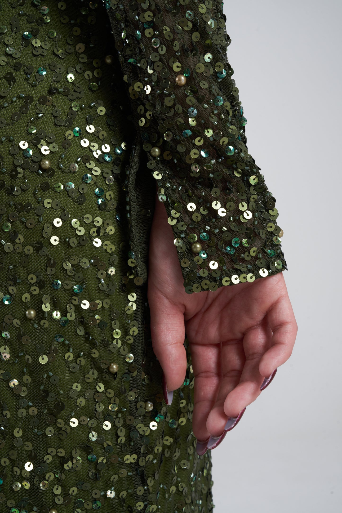 MADE TO ORDER ONLY: 'MEHER' DEEP GREEN EMBELLISHED SEQUIN DRESS WITH TRAIL (3 weeks wait)