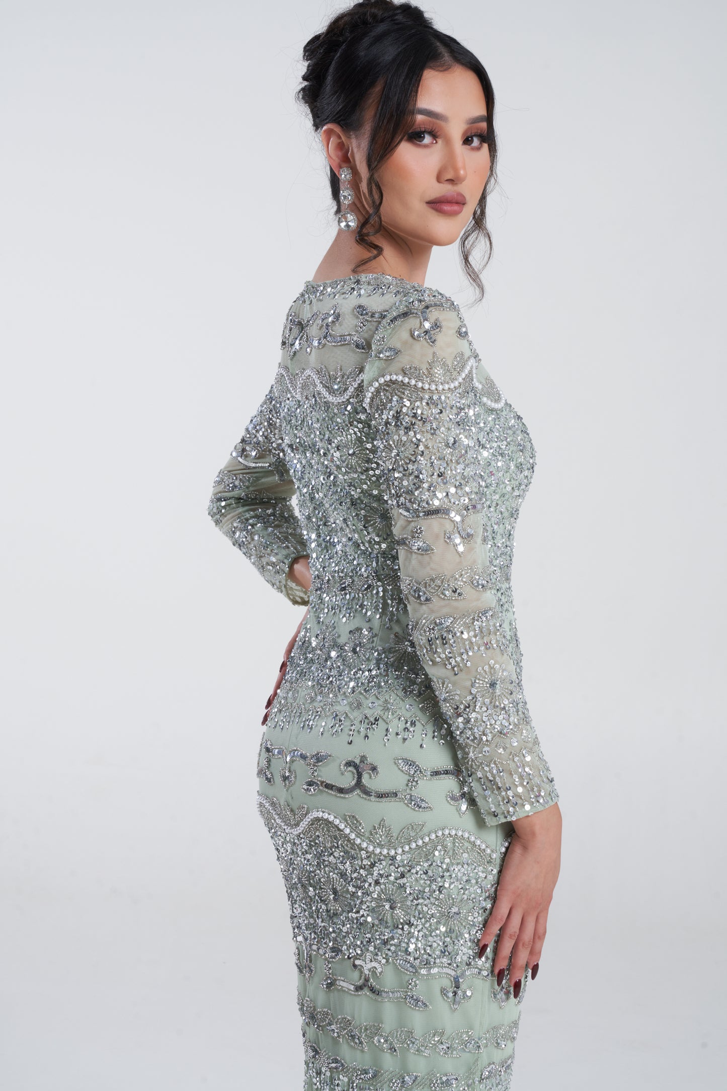 'SAGE NOOR' EMBELLISHED MIDI DRESS WITH DETACHABLE SKIRT