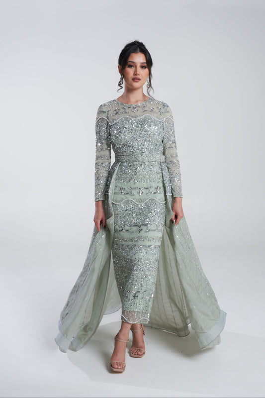 'SAGE NOOR' EMBELLISHED MIDI DRESS WITH DETACHABLE SKIRT