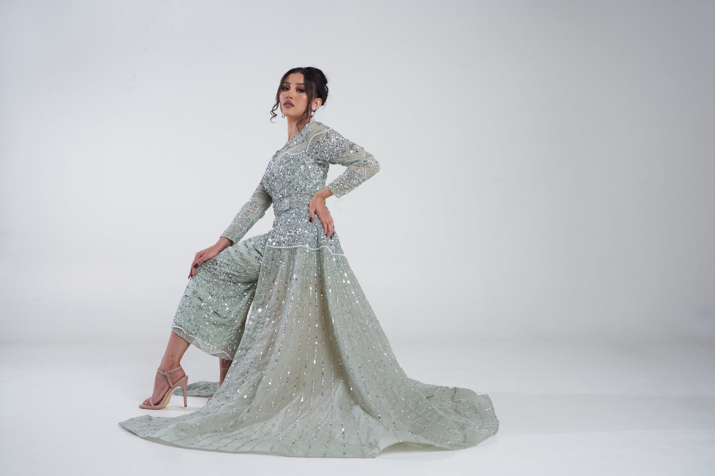 'SAGE NOOR' EMBELLISHED MIDI DRESS WITH DETACHABLE SKIRT