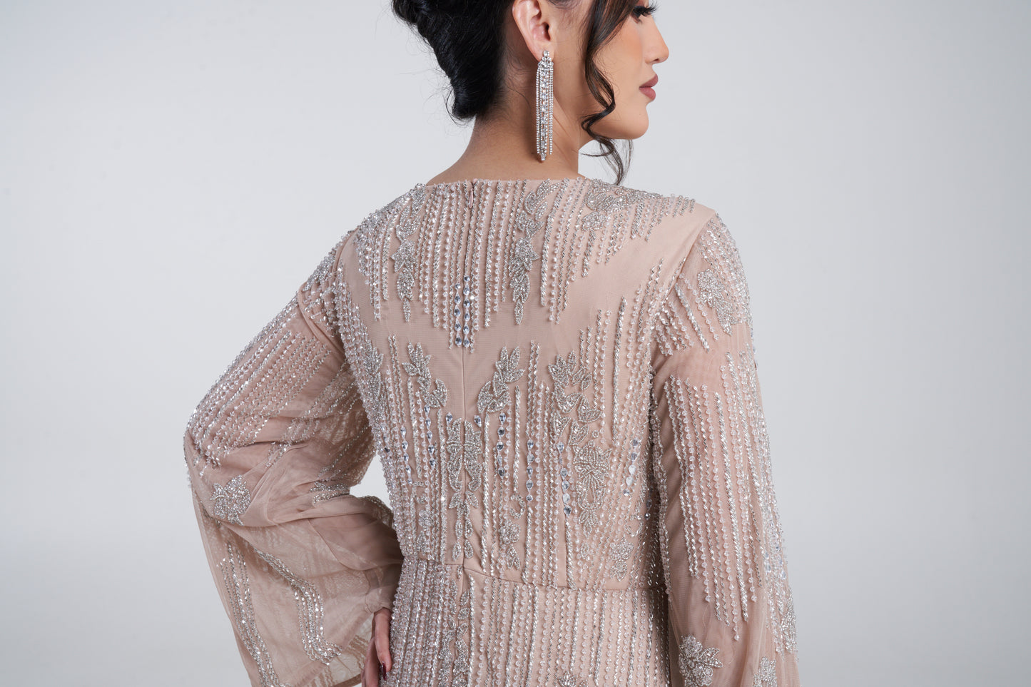 'PARI' ALMOND EMBELLISHED MAXI DRESS WITH FLARED SLEEVES