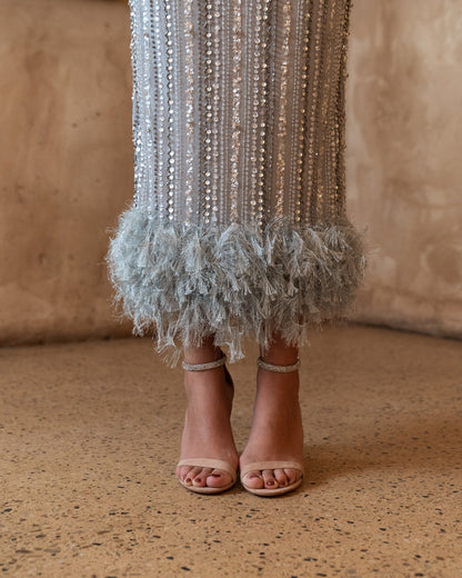 MADE TO ORDER ONLY: ‘IRIS SILVER’ MIDI DRESS WITH FEATHER CUFFS AND HEM (3 weeks wait)