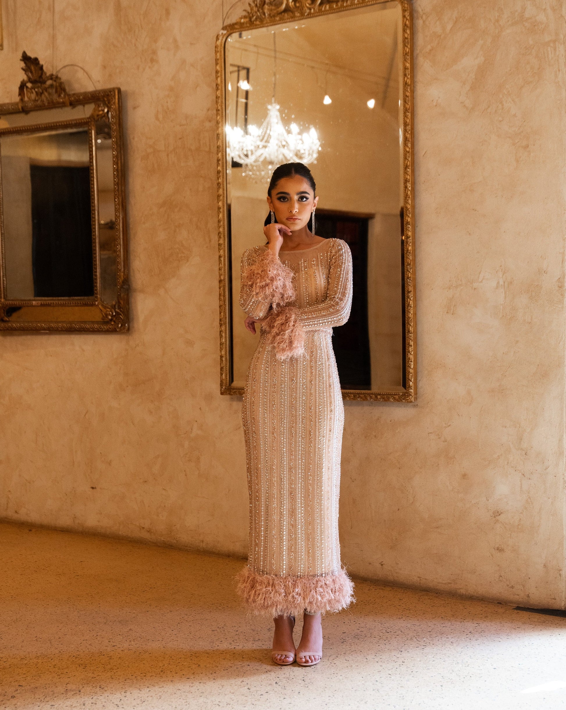 IRIS ROSE GOLD' MIDI DRESS WITH FEATHER CUFFS AND HEM Two of Five The Label IRIS ROSE GOLD' MIDI DRESS WITH FEATHER CUFFS AND HEM Two of Five The Label