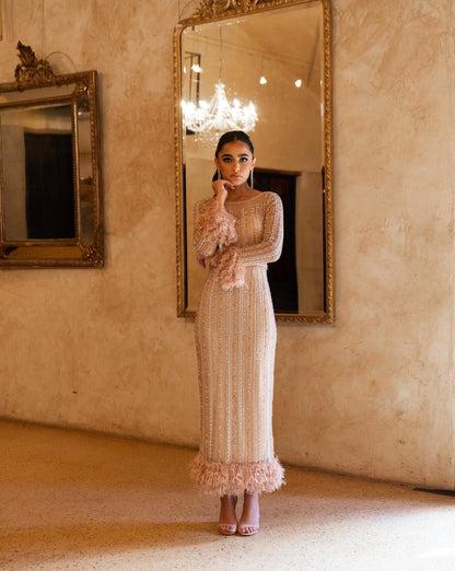 rose gold midi dress Elegant Shiny Buttoned bold earrings The Night of Nights Cowl