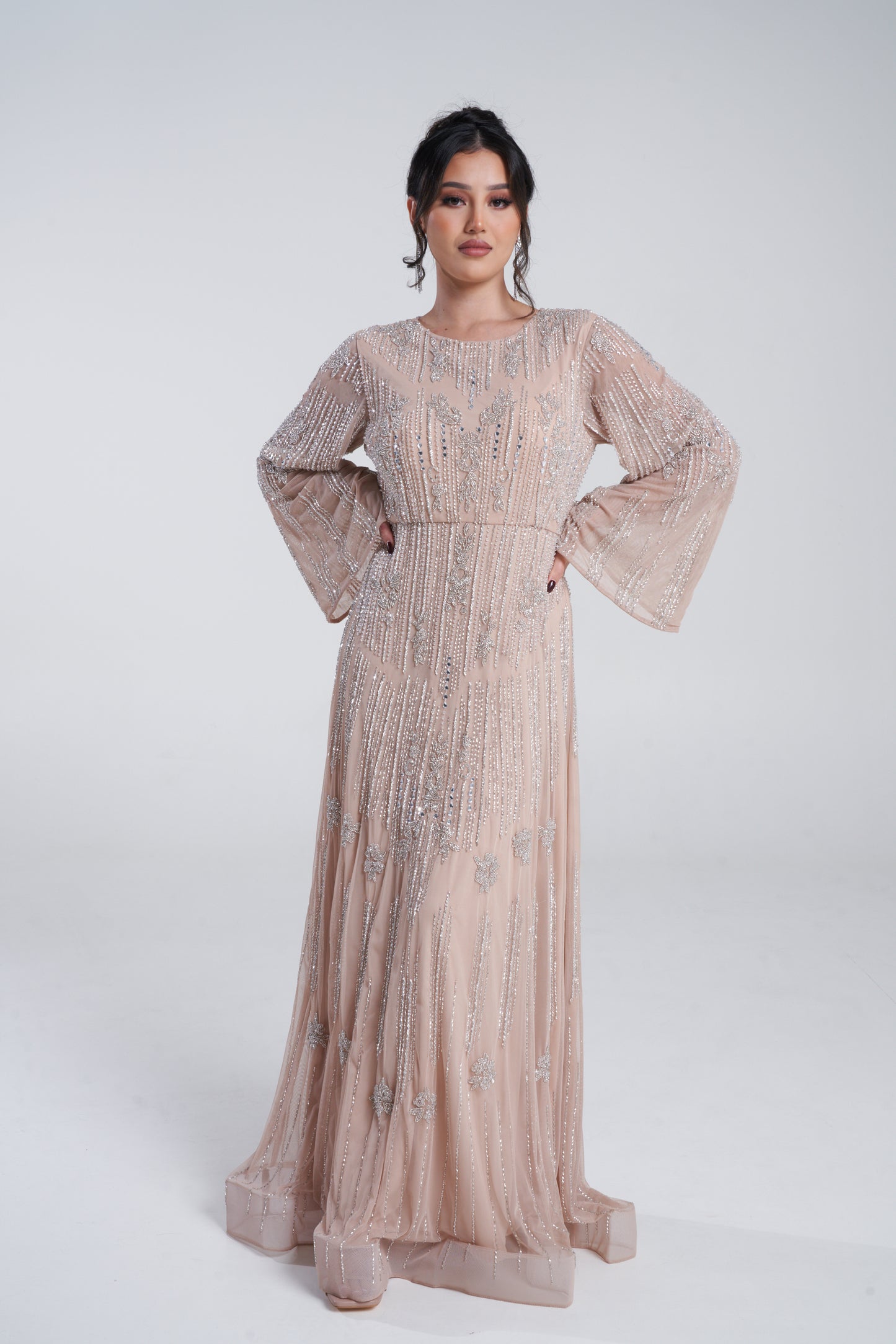 'PARI' ALMOND EMBELLISHED MAXI DRESS WITH FLARED SLEEVES