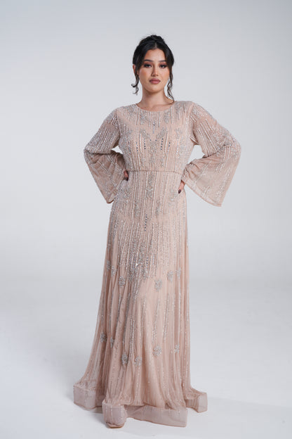 'PARI' ALMOND EMBELLISHED MAXI DRESS WITH FLARED SLEEVES