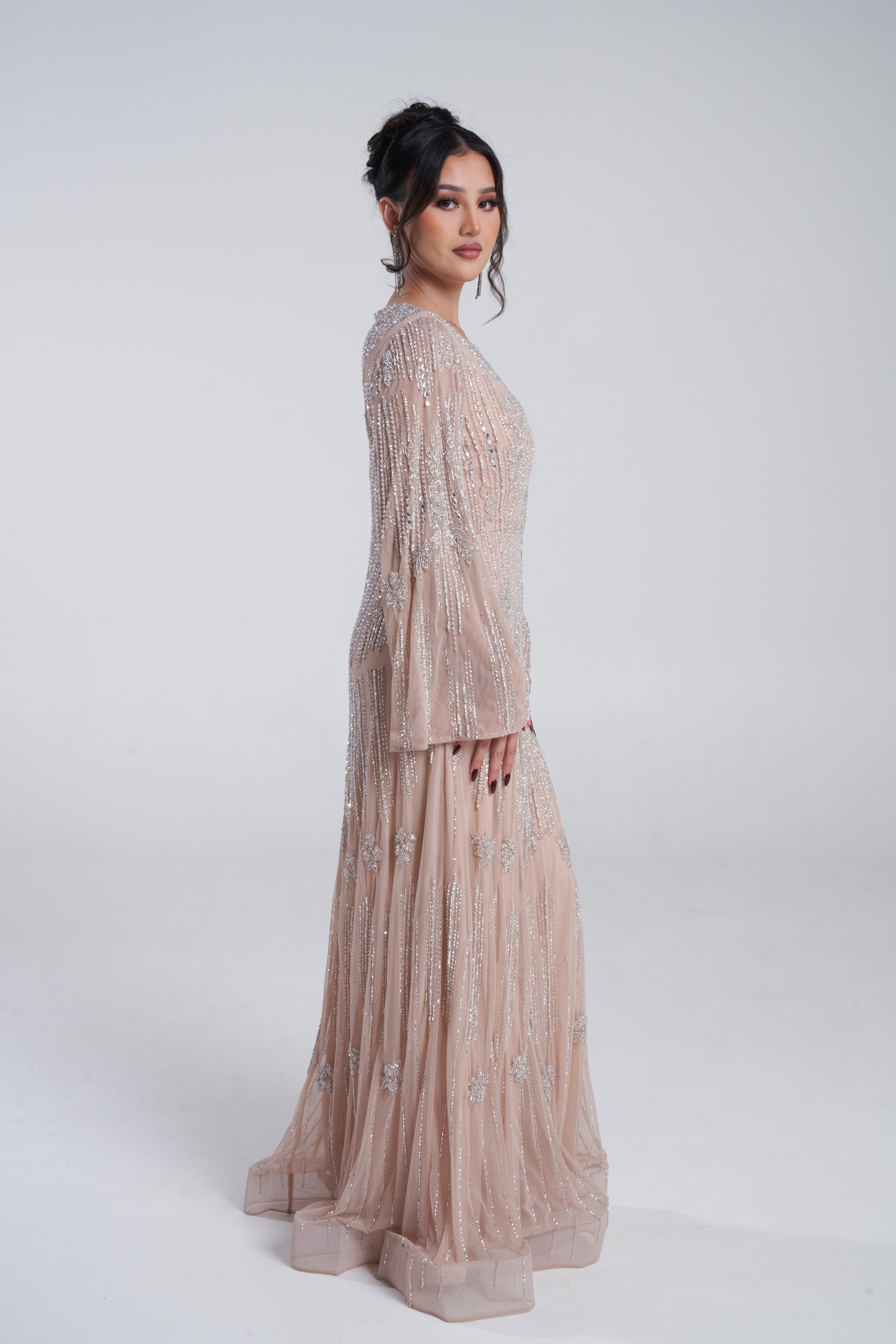 'PARI' ALMOND EMBELLISHED MAXI DRESS WITH FLARED SLEEVES