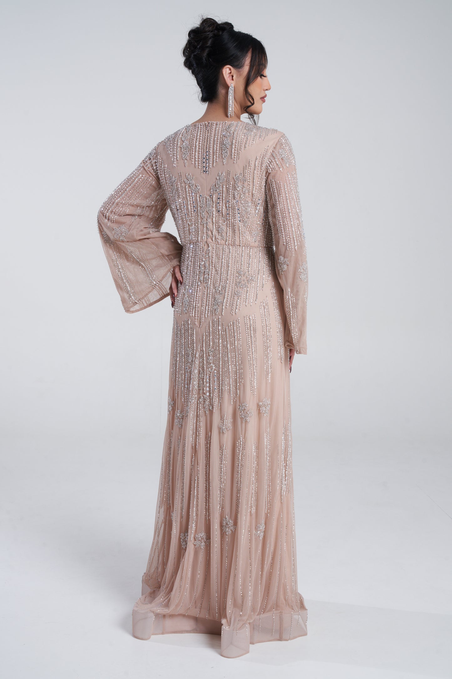 'PARI' ALMOND EMBELLISHED MAXI DRESS WITH FLARED SLEEVES