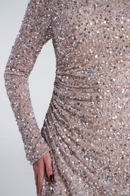 'ZARI BEIGE' EMBELLISHED DRAPE MAXI DRESS