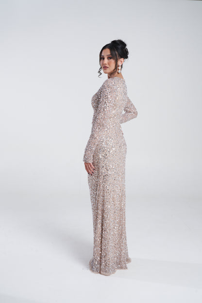 'ZARI BEIGE' EMBELLISHED DRAPE MAXI DRESS