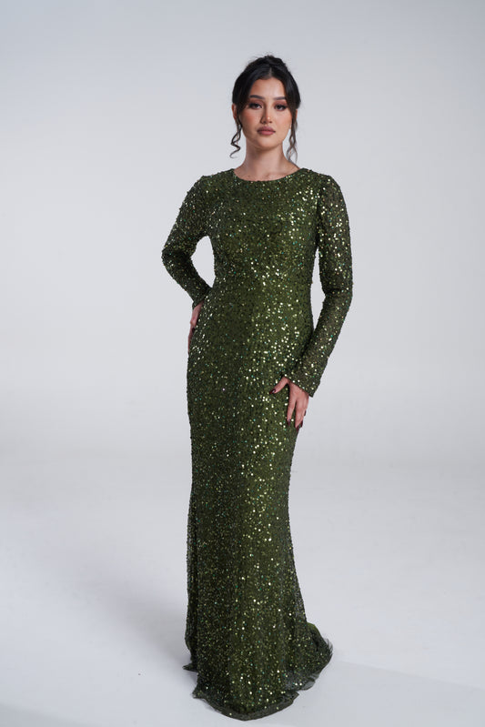 MADE TO ORDER ONLY: 'MEHER' DEEP GREEN EMBELLISHED SEQUIN DRESS WITH TRAIL (3 weeks wait)