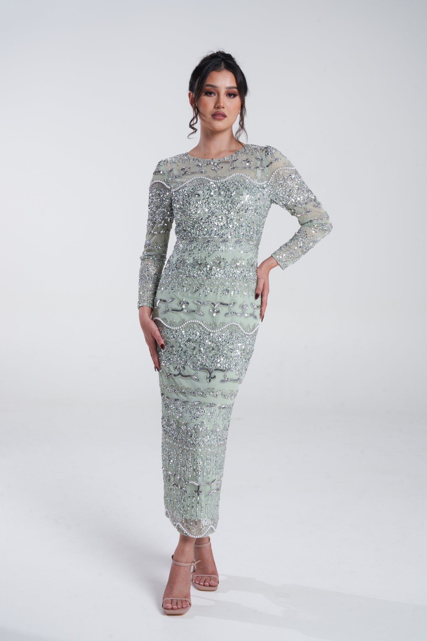 'SAGE NOOR' EMBELLISHED MIDI DRESS WITH DETACHABLE SKIRT