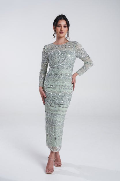 'SAGE NOOR' EMBELLISHED MIDI DRESS WITH DETACHABLE SKIRT