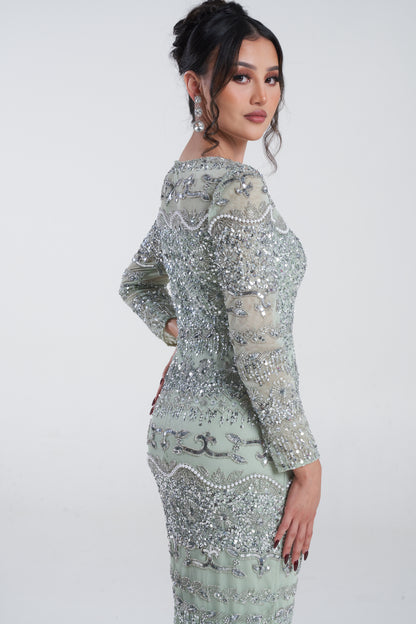 'SAGE NOOR' EMBELLISHED MIDI DRESS WITH DETACHABLE SKIRT