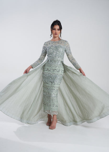 'SAGE NOOR' EMBELLISHED MIDI DRESS WITH DETACHABLE SKIRT